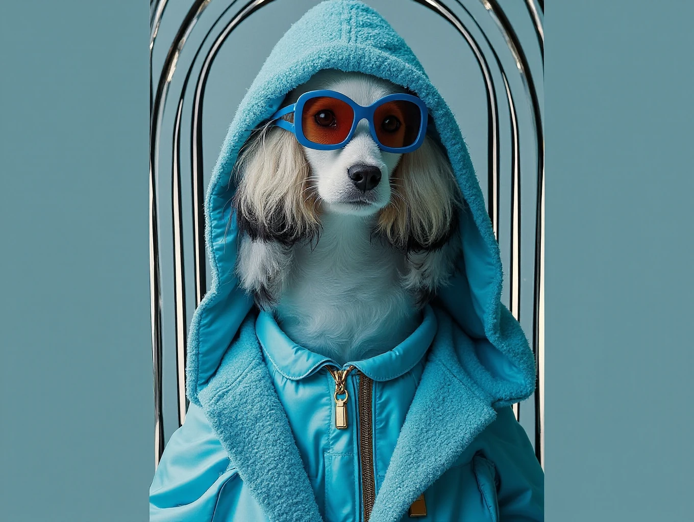 best mobile wallpaper，award - winning wallpaper，Photo photography，Front view of a cute dog，Dressed in mid-1960s space-age fashion，Side view photo，shot with Canon EOS R5，Set a strong contrast to make the subject stand out，Fluorescent blue，Wearing a very modern coat and sunglasses，It&#39;s a modern 1960s style，All clothes are one color，beatiful background