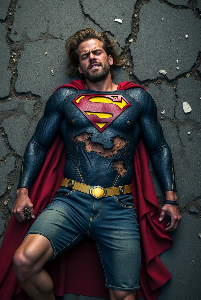 In a cave prison, Superman is imprisoned for a long time and is starving, his ribs are visible, he is naked and stained with muddy water and his underwear is dirty, he has a hairy body, long hair, a long beard, brown teeth, yellowed white briefs, a Superman mark on his chest, and he is reaching out his hand through the iron bars, asking for help. High quality photo
