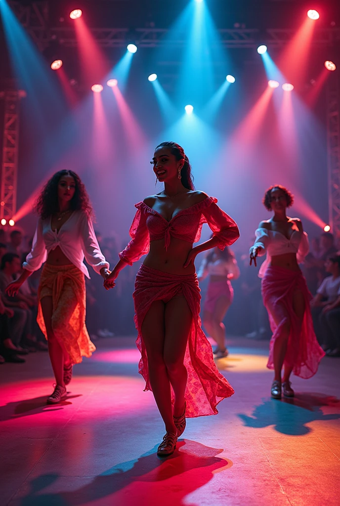multi angle,realistic,8k,Beautiful multiple asian dance team girls, rock dancers estilo love dance team live, dancing and singing for her fans at the stadium