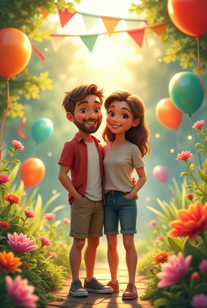 Generate a picture of a cartoon couple sitting together on bench in beautiful garden full of flowers and hearts girl should be in bikini