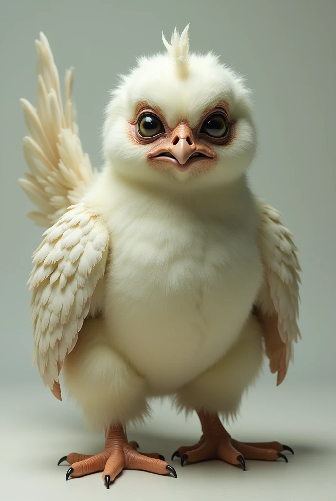 Featherless chicken body with human face to be able to change face