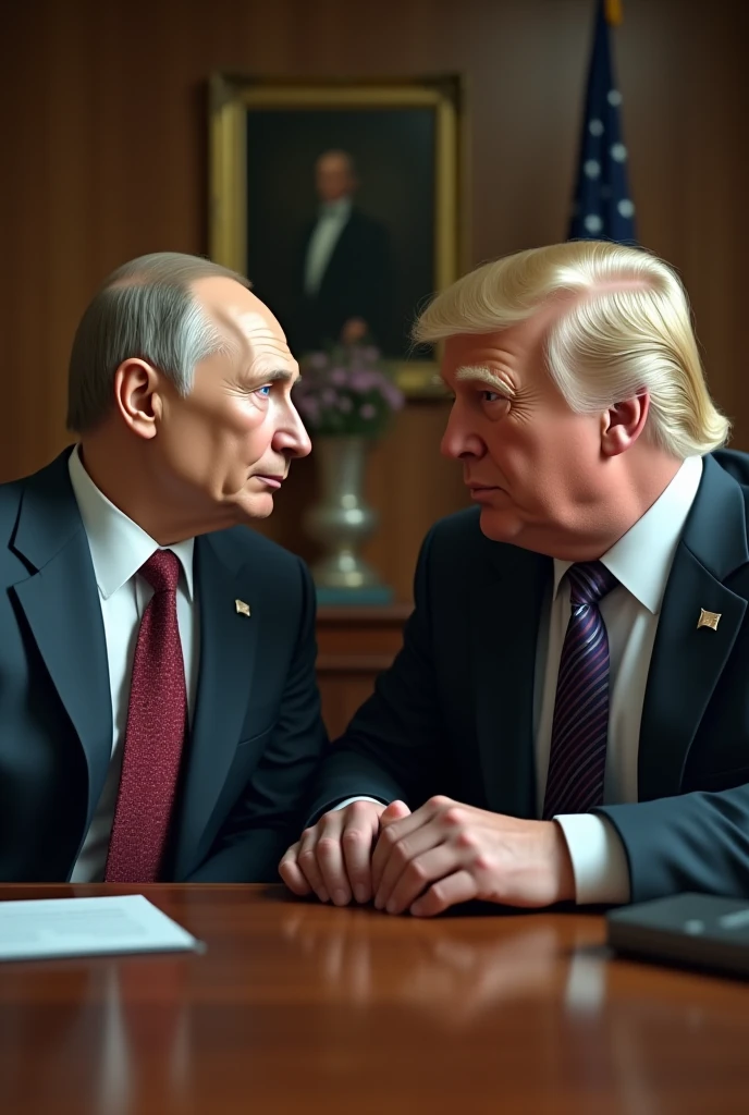 In the low-light room, Two men posing political behave, hugging or shake hands, ((Donald Trump and Vladimir  Putin)), size of Donald Trump:1.2, Facing each other,Among them, The first man is an old man, And the other is young, With an atmosphere of concentration in the discussion between them and a deep look, Wear a black suit, The young man enthusiastic expression, focus two men, Contrast lighting, delicate skin,Cinematic, HD, details , Realistic, Get to know a professional photo, soft lighting, highs quality, Best Quality, 