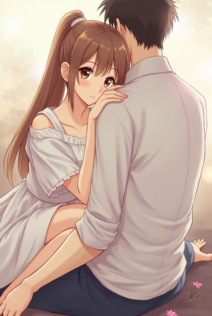 ((best quality)), ((work of art)), ((detailed)), man with white hair, casual clothes, kissing a woman with brown hair and bangs, wearing a white dress, in a flowered park