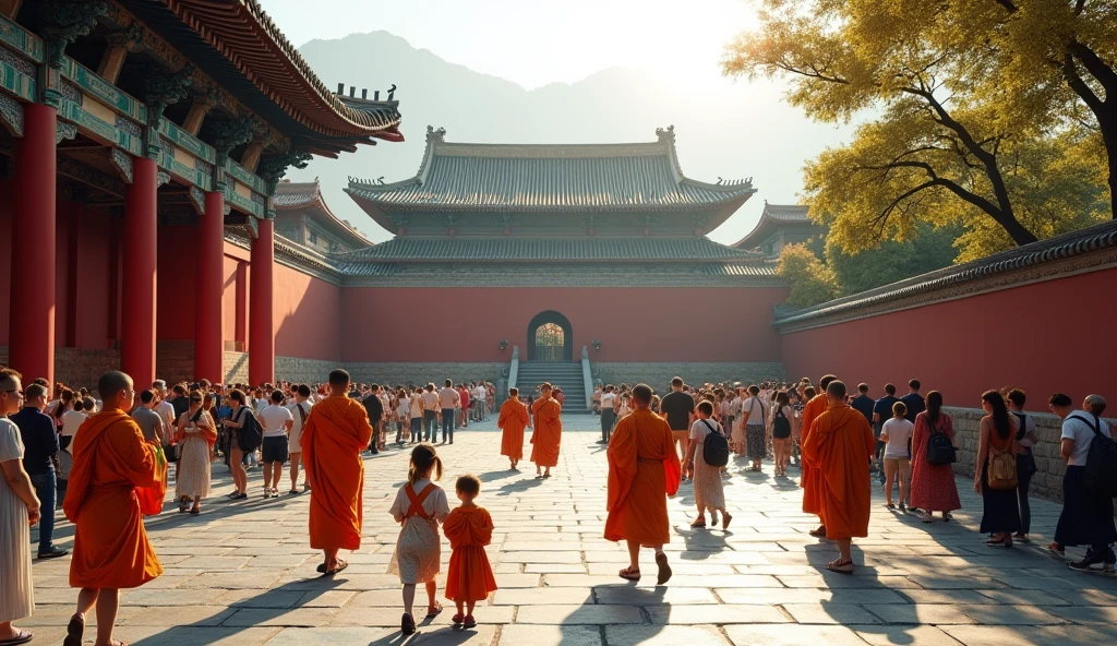 Cute little monk,Wearing a yellow cassock,Stand outside the temple