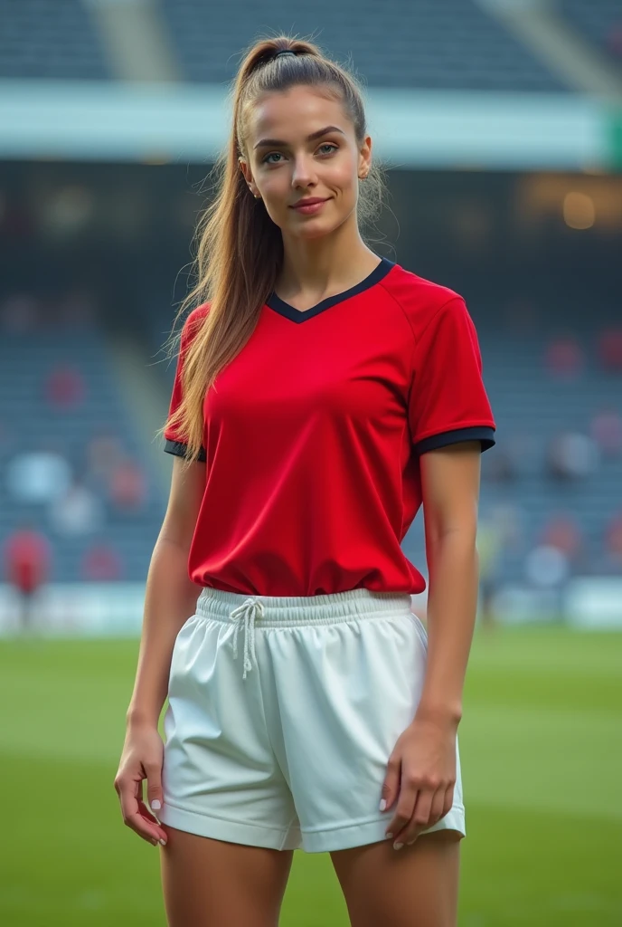 woman wearing a soccer jersey red with a little black, medium high brest , poitrine parfaite, poitrine parfaite sein rond, perfect brest, maillot de foot rouge sur le buste et le ventre rayure ???? sur le bras et l'épaule, in a soccer field, dans un stade de foot sur le terrain de foot, portant une vareuse de l'équipe nationnal belge de football, smiling, skin texture, a striking 22-year-old American model with light brown hair , wavy hair, 172 height, full body photo, veronika bielik, cute face, belgian girlfriend, blonde and attractive features, attractive girl, looks into the camera, symmetrical eyes, symmetrical face, photorealistic, photography, path tracing, specular lighting, volumetric.. looks into the camera, symmetrical eyes, symmetrical face, photorealistic, photography, path tracing, specular lighting, volumetric.., full body picture, full body shoot, perfect hands, soccer jersey, belgian flag