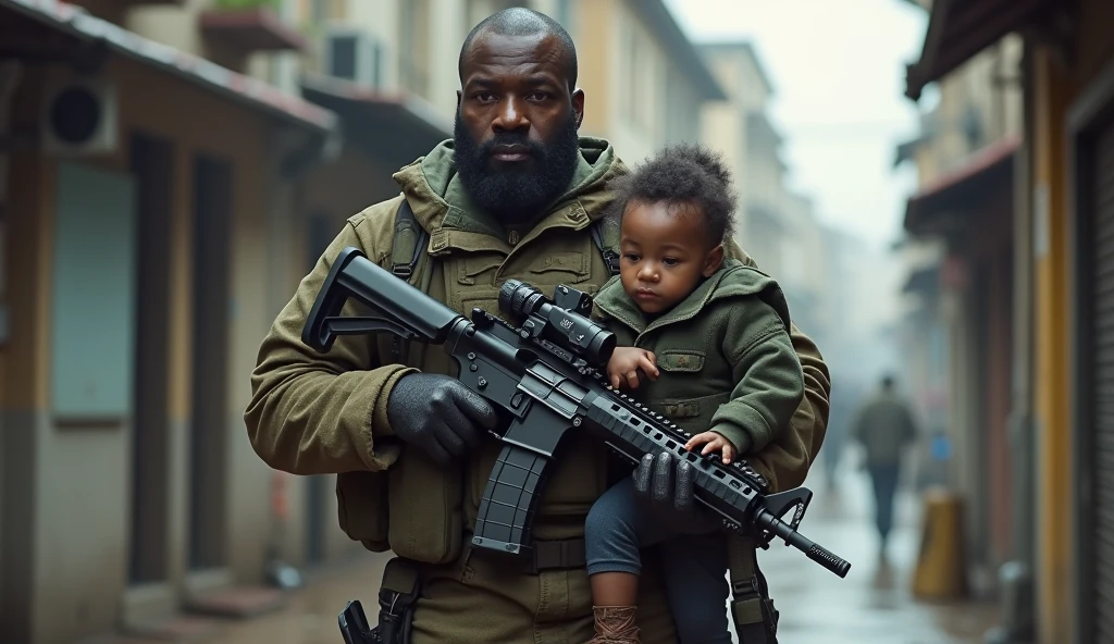 A man is fighting in a meadow with a baby in his arms, a gun and a headband that says KZT.