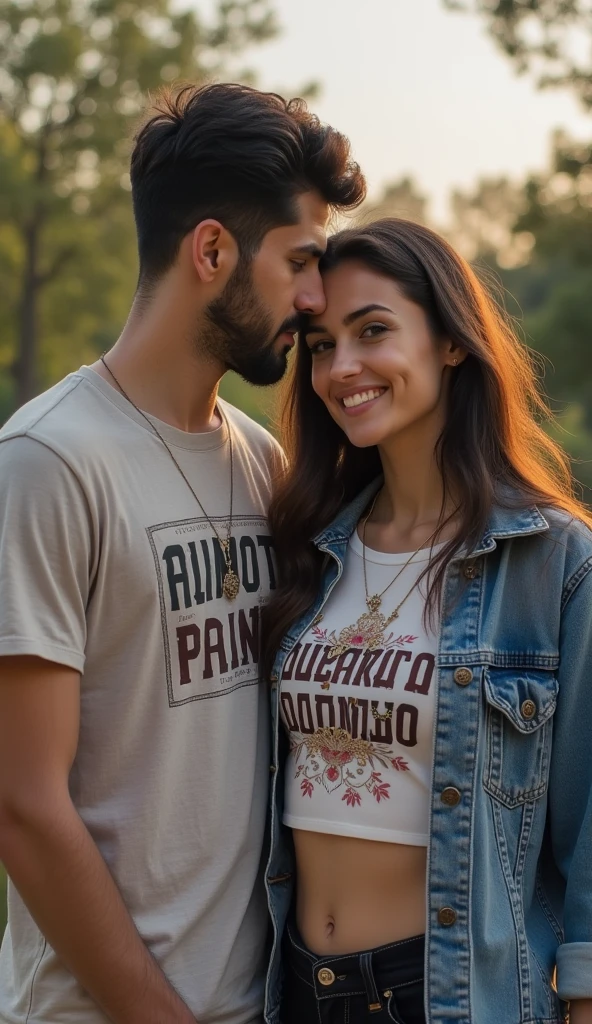 A handsome woman and man wearing white t-shirts with the words "Andrayana ❤candani "sitting on a rock near the river in the twilight atmosphere, looking at the camera