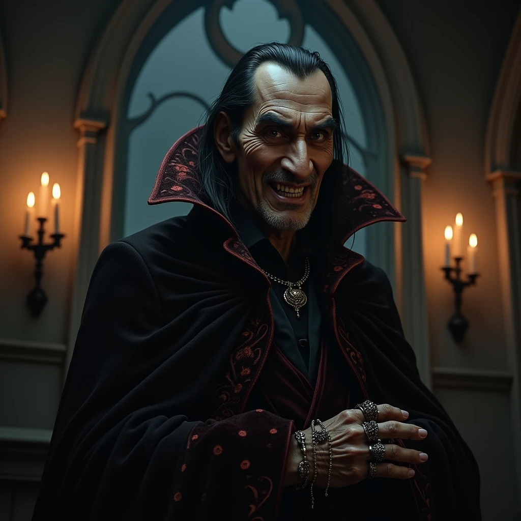 1man, photography, upper body of draculacastlevania man in palace, angry, open mouth, long fang, sharp teeth, (red eyes:1.1), black long hair, pale skin, pointy ears, paintings, ornate, details, ornament, dim light, dawn, bokeh background, horror \(theme\), spooky lighting, <lora:ARWBedroomGothic:0.6>  <lora:ARWDracula:1>