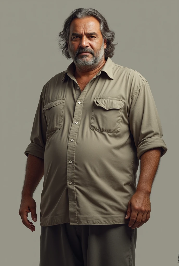 51-year-old Latin American, overweight, blue shirt, white pants, gold necklace, short hair  hyper realistic 