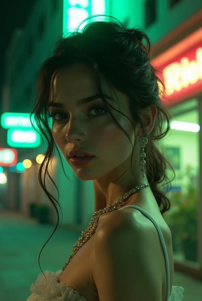 A beautiful woman, looking at viewer, curvy chubby body, youthful appearance, pale skin, fine feature, sharp gaze, long hair, dark haired, one braid, show forehead, flowers choker, ancient greek clothing, tied corset, backless dress, silky fabric texture, transparent lingerie, white clothes. Outdoors, on the balcony of the circus, gothic architecture, rope lights, night sky. ((Masterpiece, Best Quality, Highest Image Quality, High Resolution, Photorealism, RAW Photos, 8k)),