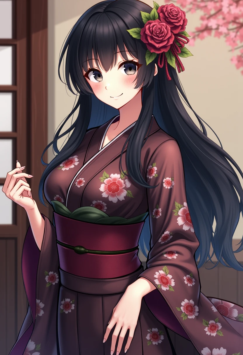 Drawing beautiful Japanese women with free sitting postures and big breasts、Nice nipples, glamorous model figure, realistic outfit, kimono, messy outfit, front view, hostess, married, 20 years old, name is Miki, long hair, beautiful hair, shoulder length, goddess