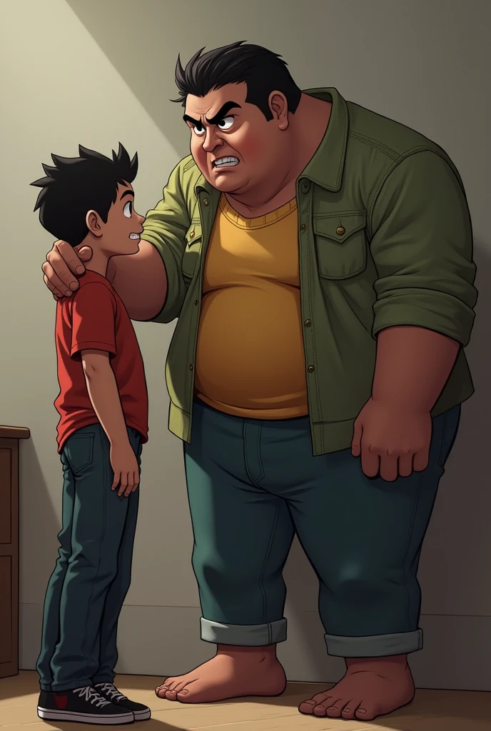 Anime a poorman lifting his boss, while his boss eating
