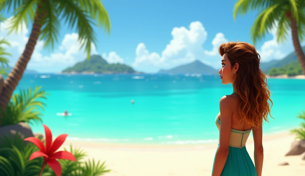 Brunette woman on the beach in bikini, cabelos cacheados, estilo Disney Pixar, melhor qualidade, alta qualidade.