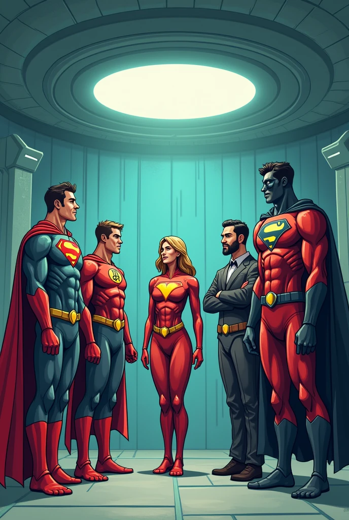 Scenario of an entrepreneurial man or woman who is not successful in the sales of his business and is being rescued by the Justice League team celebrating