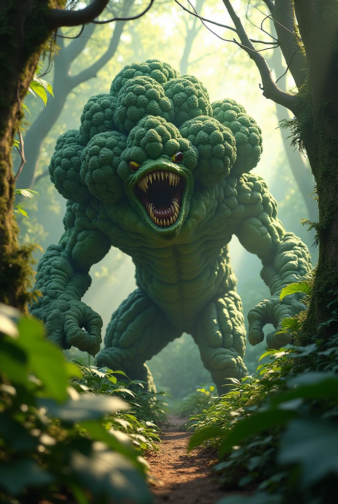 A distance view of Translucent HyperRealistic hollow anthropomorphic Durian monster , in Forest, Detailed sunlight glowing, Leeds and barks in the grounds. Misty droplet over subject.