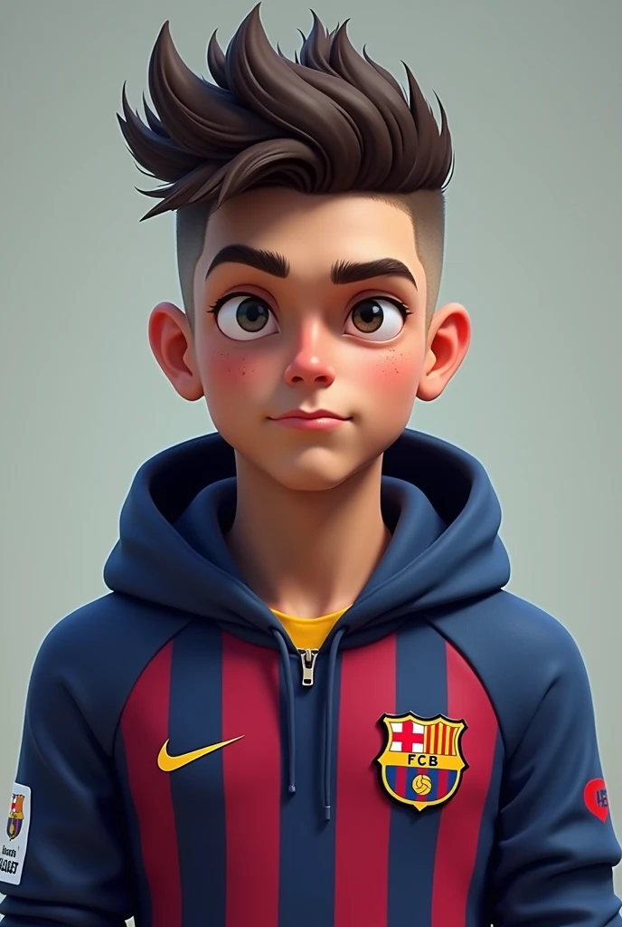 1 boy, 163cm, muscular, brown eyes, black messy hair, wearing Barcelona football shirt, photo-realistic, detailed, sharp focus, high quality, intricate details, digital art, hyperrealistic, dramatic lighting, warm color palette