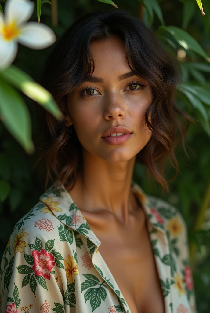 A Brazilian woman in a lush tropical garden, wearing an open shirt with a floral print, with a close-up capturing the harmonious beauty between her breasts and the natural flowers, showing off your natural charm and outgoing personality.