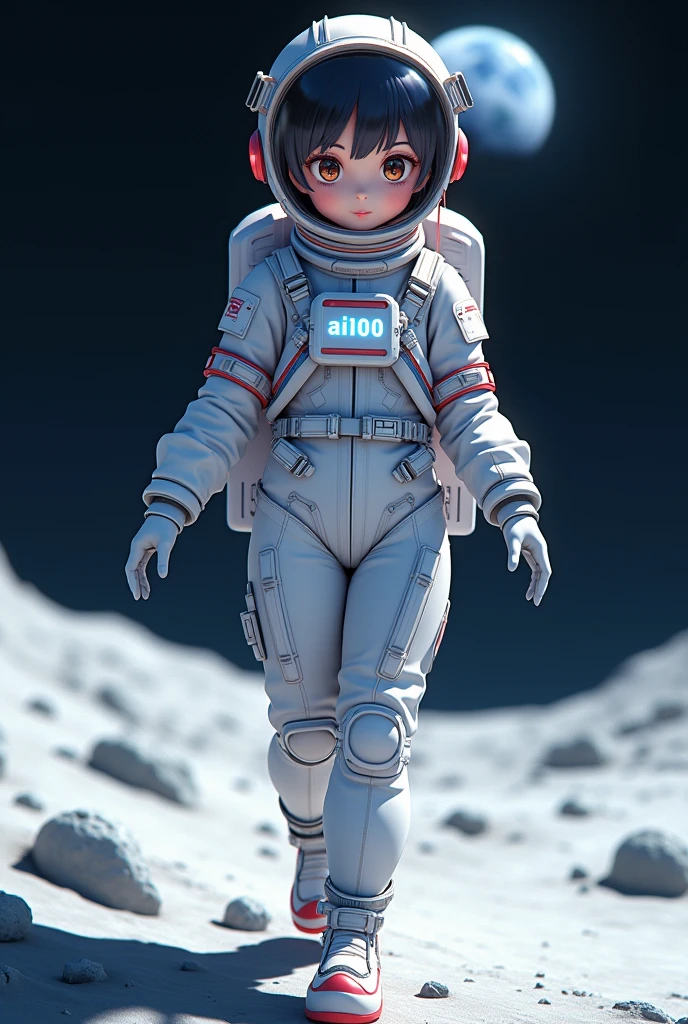 Pixar style, Full-length, young girl with black straight hair, dark honey eyes, a little plump, dressed in a white tight T-shirt and white tight shorts with orange ornaments , white sports boots, headphones on her head, doing sports in the park, in the background you can see a futuristic city with small houses, night time.