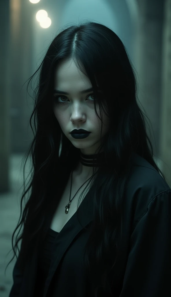 A close-up portrait of a young woman between 25 and 30 years old, with long, black hair, and pale white skin. Her dark green eyes are striking, enhanced by bold makeup. She embodies a rock and gothic style, with an alternative edge. The expression on her face is confident and enigmatic, capturing the essence of a strong and mysterious character. The background is subtle, allowing her fierce look and alternative fashion to stand out, in harmony with the dark and artistic content of the Instagram profile.