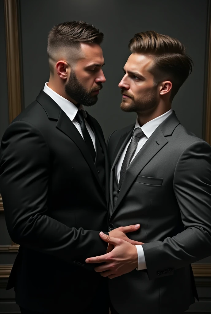 Naked young man wearing a chastity belt, next to another shaved man with a black leather jacket and pants