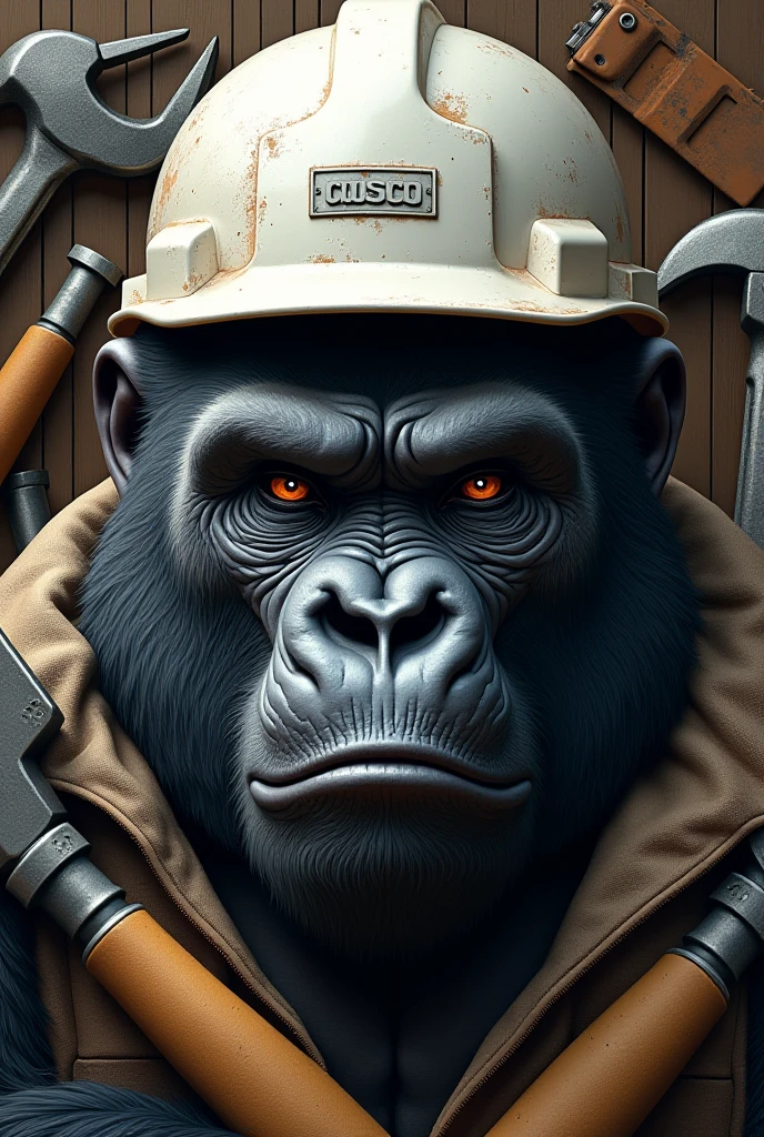 Captured from a low-angle perspective, a cartoon gorilla is standing on a dirt ground. The gorilla is wearing a white hard hat with a green stripe on the top, a black belt with a gold buckle around its waist, and a pair of black sunglasses on its eyes. Its arms are raised in the air, and its head is turned slightly to the left. To the right of the gorilla, there are three tall pillars, each with a unique design on them. The pillars are set against a backdrop of brown sand, and the sun is shining on them, creating a stark contrast to the gorilla's outfit.