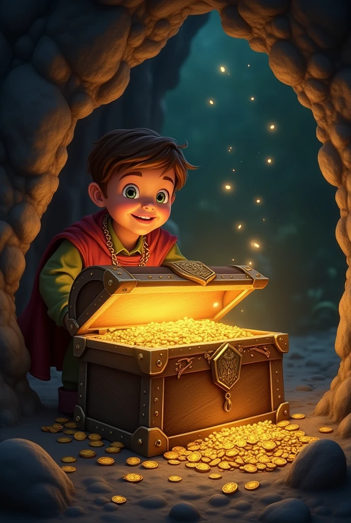 A young boy find a treasure in forest