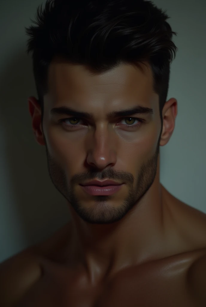 Hombre masculino,con poca barba, sexy and tall with muscles, black hair and green eyes with a background that looks mafia with a turned up nose and a black t-shirt