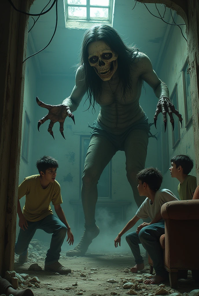 Create a creature that looks like a horrifying woman with long nails, revealing her deformed face with a sewn mouth and deep-set eyes in an abandoned and old house attacking three male teenagers 