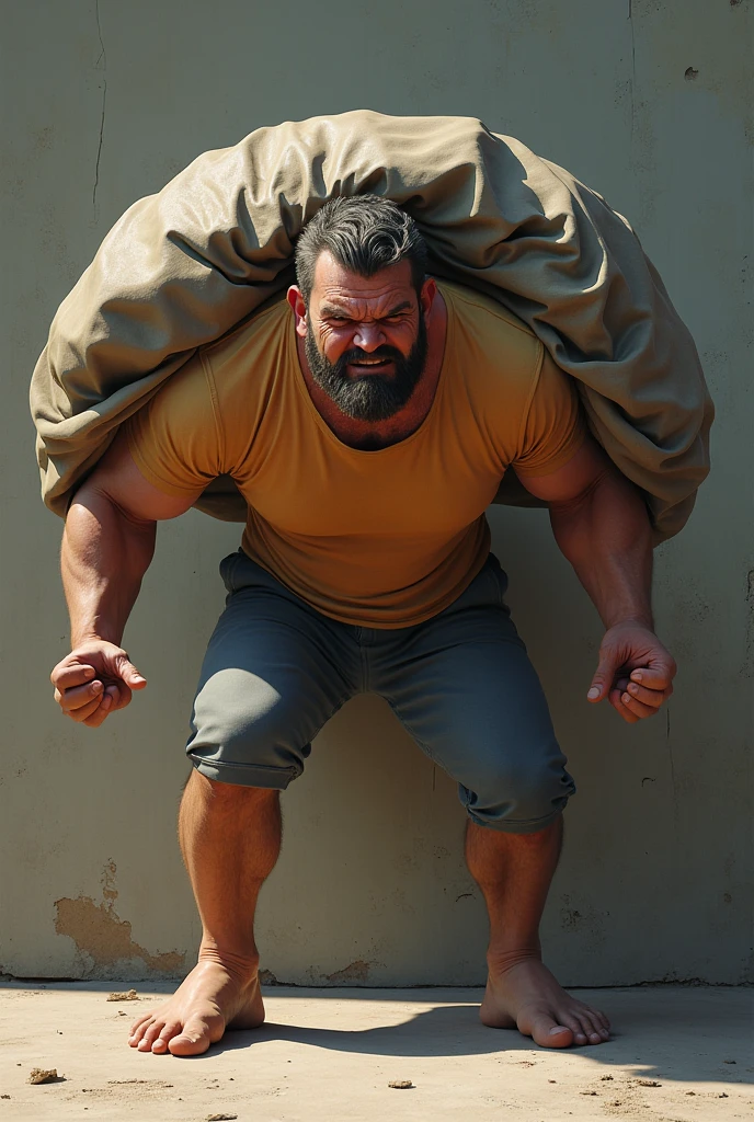 Hyperrealistic image of an elderly Latino warrior superhero jumping in the air with very long gray hair. An angry super heavy bodybuilder flexing his muscles A full body obese bodybuilder with a very sweaty body. An extremely muscular and extremely fat old man over 70 years old weighing over 600 pounds Very muscular and very hairy man with very large and very sagging pecs with dark nipples and gynecomastia floating above the snowy peaks of the Andes and under a stormy sky of sunset with lightning wearing a small leather skirt