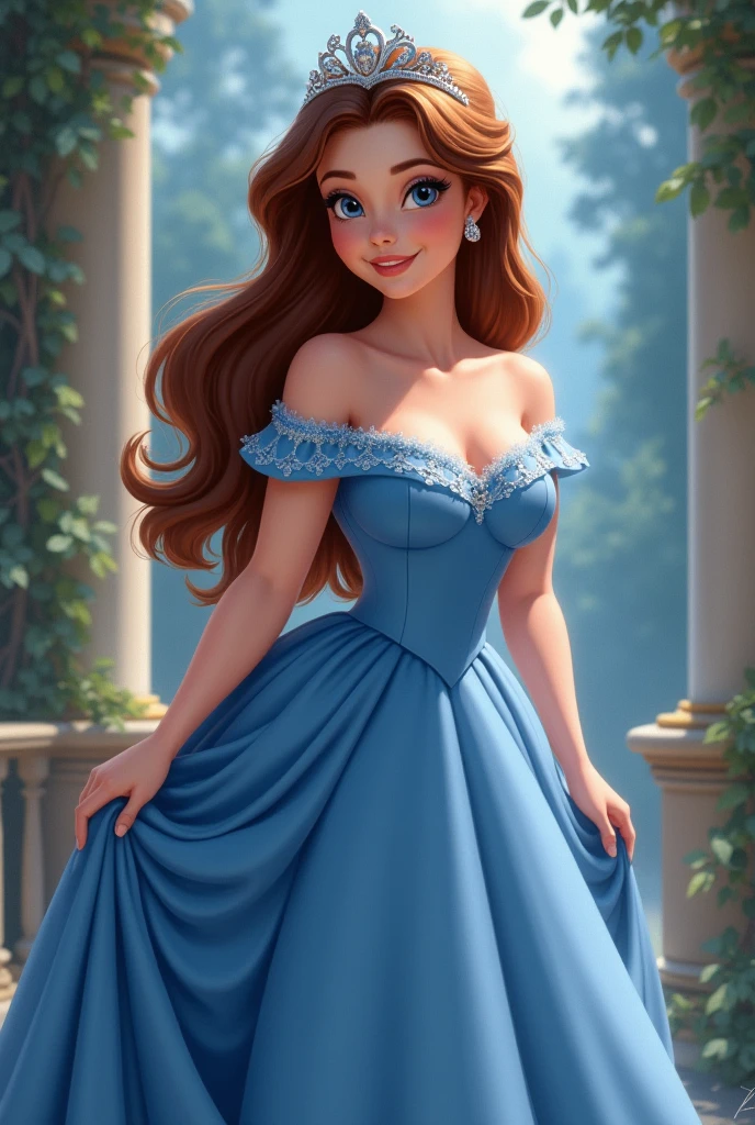 (Best quality, high resolution: 1.2), Ultra-detailed, (Realistic: 1.37) brunette, médium brown hair, brown eyes, small cheast, 30 years, full body, with a sexy blue dress in a park