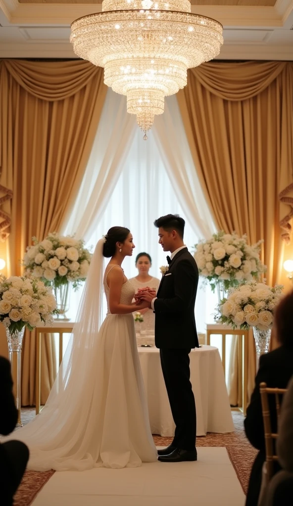 bride and groom standing in front of a stage with candles, luxurious wedding, wedding, look at the details, wide - shot, wide-shot, luxurious environment, backdrop, billions of details, shot with canon eoa 6 d mark ii, diy, palatial scene, dramatic lighting !n-9, professional wedding photography, b - roll, rich atmosphere