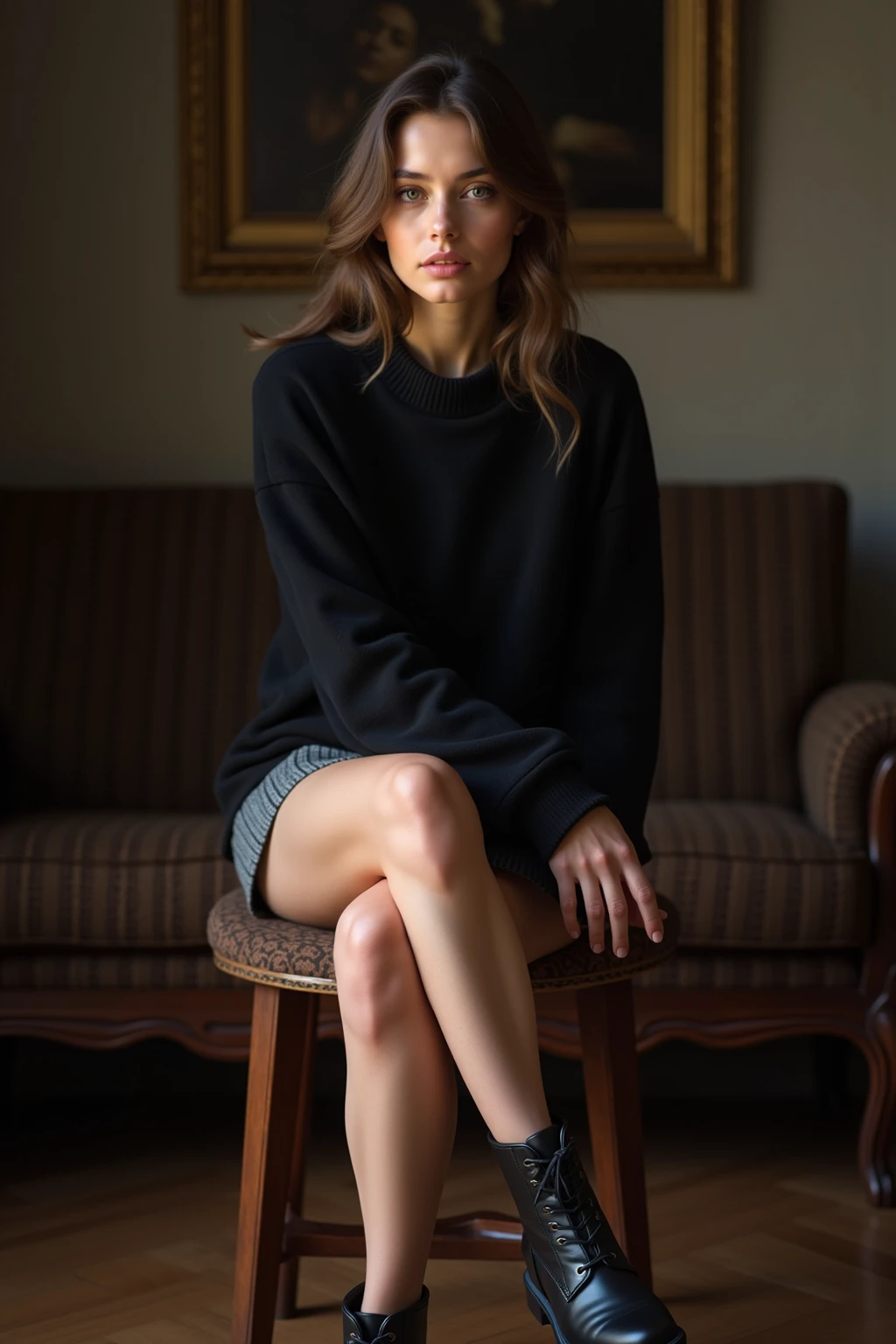 Winter evening, pretty stylish woman at home, sitting in the armchair. coziness. Warm.