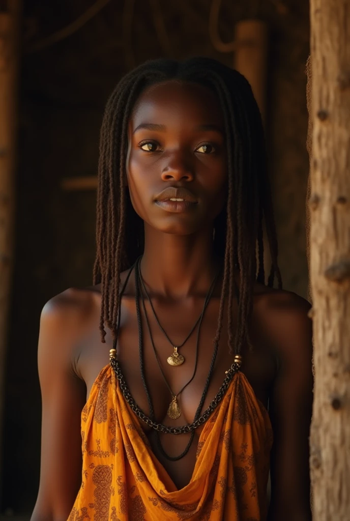 Généré une image d'une jolie fille africaine sauvage, avec des jolies seins pointus et nus