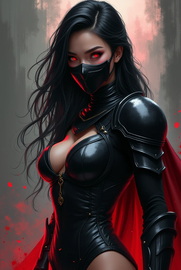 oriental ninja woman, detailed eyes and face, beautiful detailed lips, long eyelashes, leather armour, mask, big breasts, slender figure, agile movements, katana sword, throwing stars, ninja tools, moonlit night, bamboo forest, mysterious atmosphere, dark shadows, moonlight shining through the leaves, Asian inspiration, martial arts expertise, stealthy and silent, powerful and deadly, traditional Japanese culture, black and red color scheme, intense and dramatic lighting, dynamic poses, elegant and fierce, skilled in martial arts and assassination techniques, mysterious aura, capturing the essence of the oriental ninja in a modern and empowering way, high-quality illustration medium, ultra-detailed, realistic and vivid colors, masterful attention to textures and details, capturing the delicate features of the face, creating a captivating and iconic image.