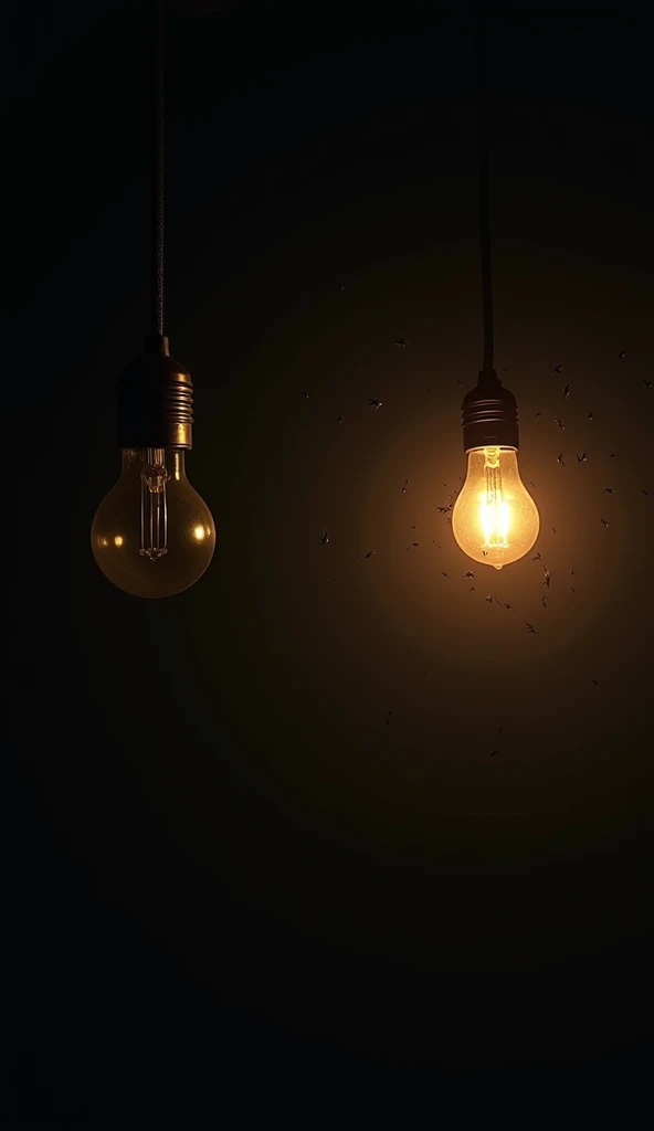 Small stringlights hanging. Dark area. High detailed. Realistic.