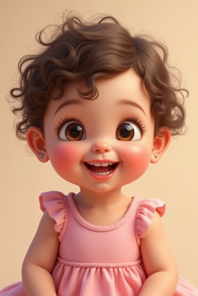  two years old, short light brown curly hair, honey-colored eyes, pink dress