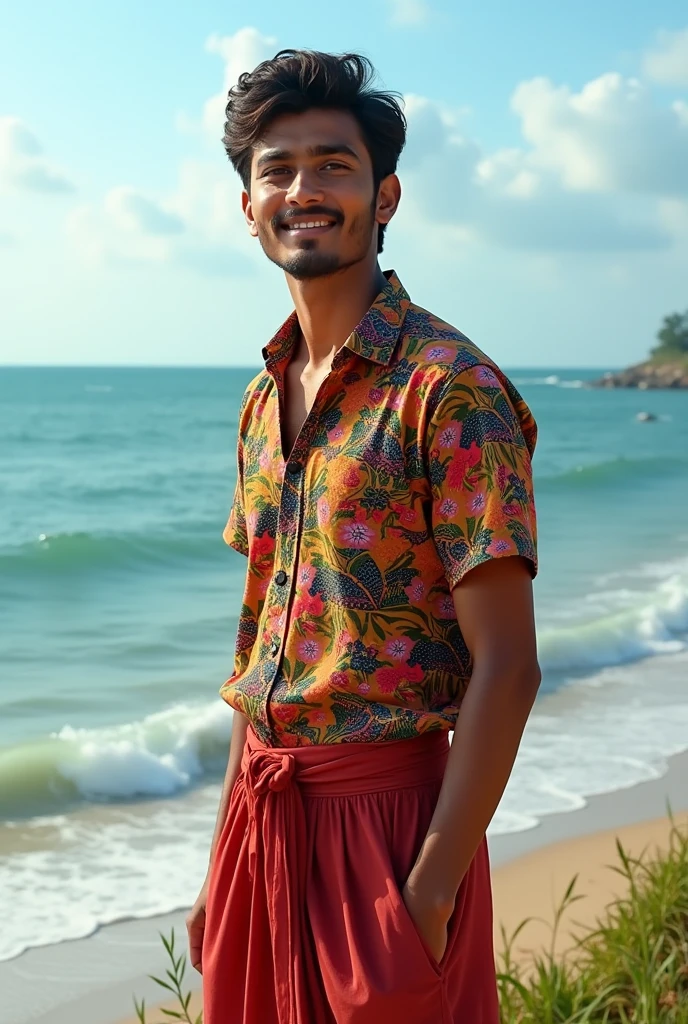 A Bengali young man standing near the ocean with wearing local shirt pant