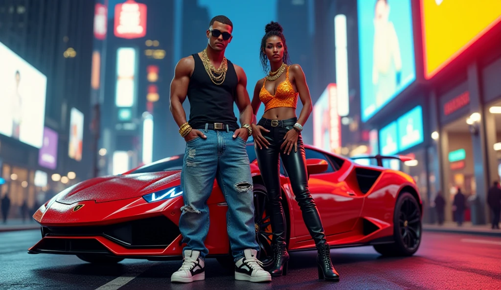 3D Light Skinned Couple, In The Car Background, Male Braids, Female Long Black Hair, Gold Crowns, Gold Chains That Say King And Queen, Male, Tattoos, Female Pajamas, Both Blowing Smoke Into Each Other Mouth, Hennessy