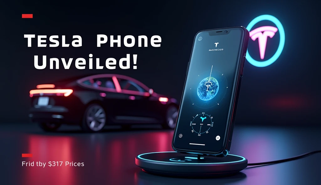 Create a sleek, eye-catching thumbnail for a tech video featuring the new Tesla Phone. The thumbnail should showcase the phone prominently, with a glowing Starlink logo in the background to emphasize global connectivity. Use bold text that says 'Tesla Phone Unveiled!' and include a striking visual of the phone charging wirelessly, with a bright, futuristic color palette. Add subtle elements like a Tesla car in the background and highlight the affordable $317 price in a way that draws attention. The overall vibe should feel modern, cutting-edge, and high-tech