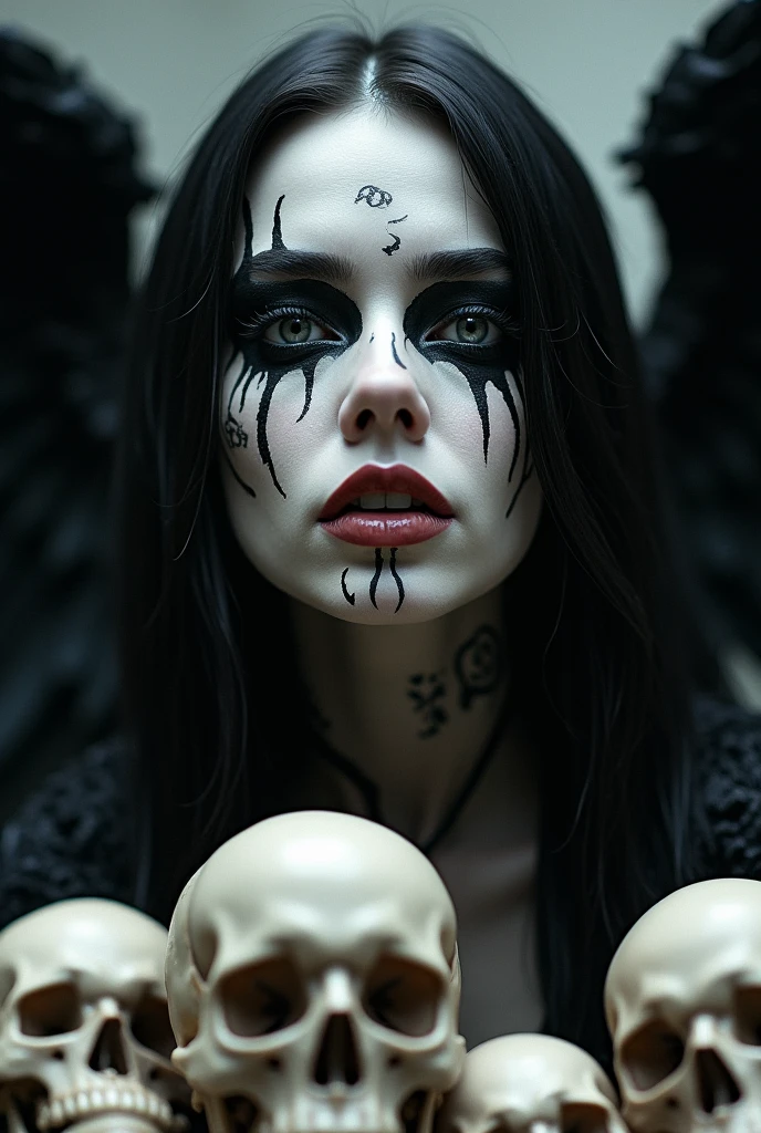 "(Highest picture quality), (Prioritizing the exceptional image quality and astonishing level of detail), generate an awe-inspiring (photorealistic:1.1) Angel of death, three eyes, skinny, thin, black skeleton, black skull, white robes, black halo, war background, impaled bodies, horror, macabre, Sharp focus, render, octane, detail, award-winning photography, masterpiece, rim lighting."