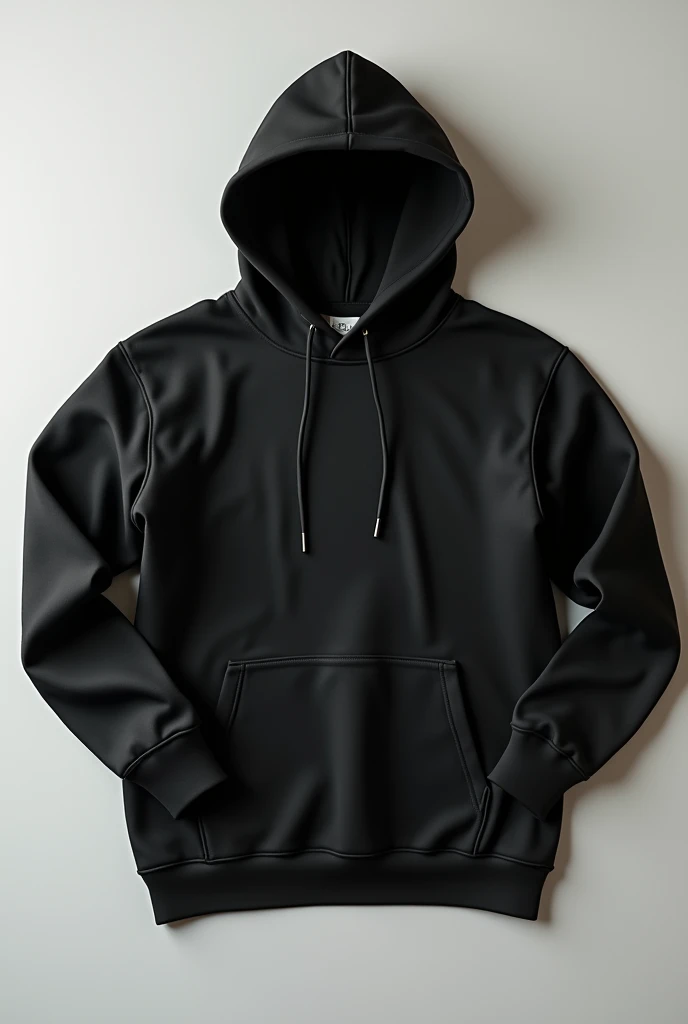 A plain black cotton hoodie spread cleanly over a wooden background, no folding on the hoodie and no yarn in hoodie