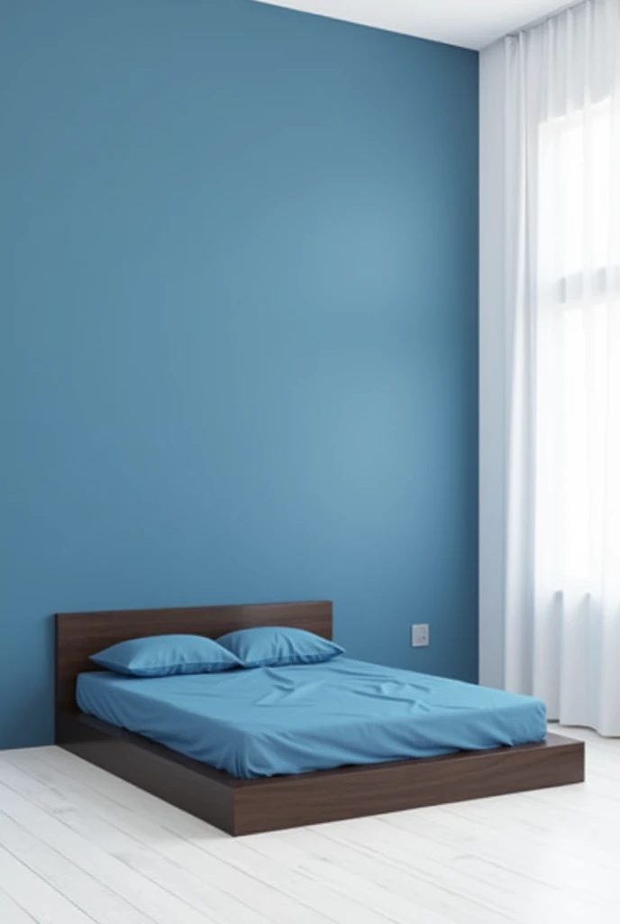 3.80 meters by 3.50 meters bedroom with blue wall behind the bed, the other 3 are white, white laminate and dark wood bed with blue bed sheet( no decoration)