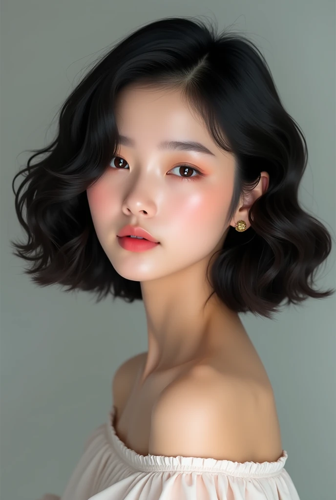 "Create a very realistic photo-style image of a young Korean woman styled with soft, rich waves on short, dark black hair. It should look natural and voluminous, and frame her face gracefully . Use a studio environment with soft lighting to highlight the richness and glossy finish of her light brown hair . The model must have a calm expression and , capture the elegance of the hairstyle in a beauty editorial style ."