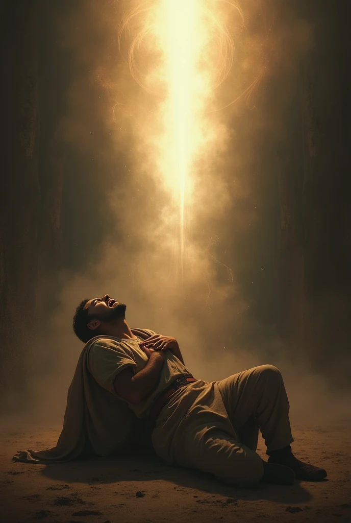 Onan falling to the ground, clutching his in pain, his face contorted in agony, as a divine light shines down upon him, symbolizing his punishment."
