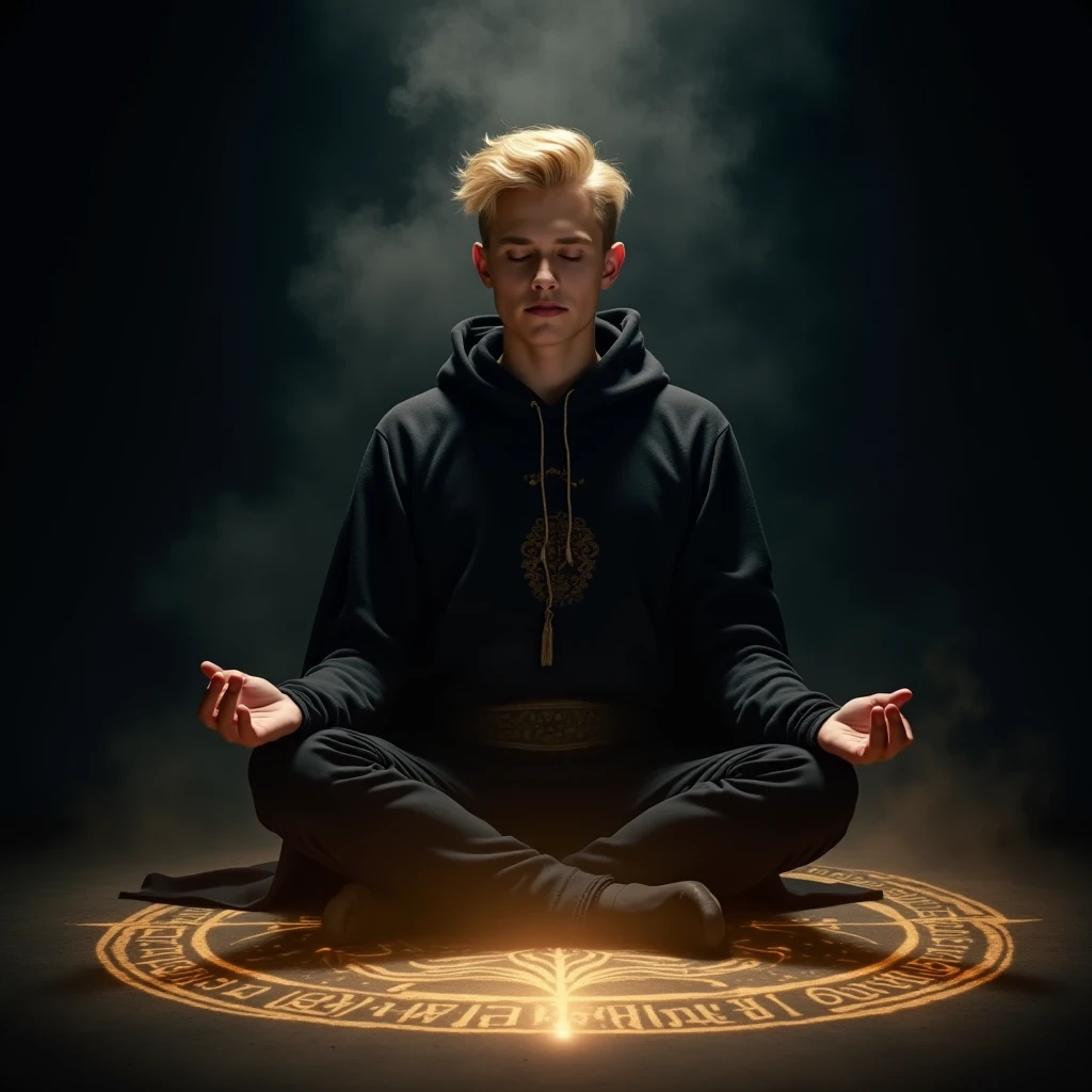 Character based on the world of Star Wars, a 15 years teenager male sith apprentice, dark blonder short hair, yellow eyes, dark simple cloats, inside a dark sith temple, high realism, perfect anatomy, perfect eyes, meditating inside a circlefrontal, 4K, 1boy, many sith lords dark spirits around him