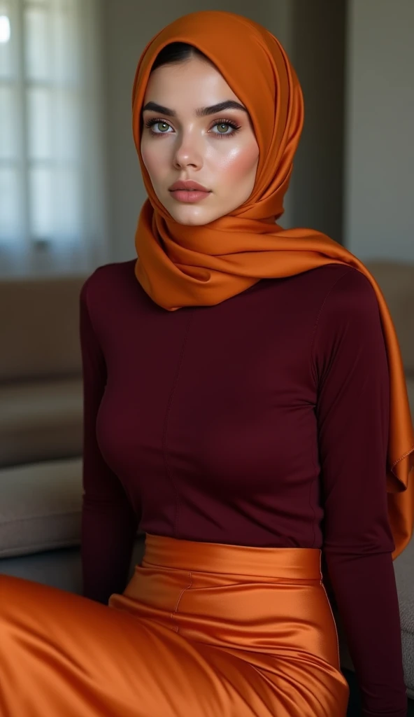RAW, Best quality, high resolution, masterpiece: 1.3), beautiful Malay woman in hijab,Masterpiece, perfect slim fit body, Huge breast,big gorgeous eyes, Soft smile,a close up of a woman in a red dress and a red scarf, maroon red, wearing red attire, wearing beautiful clothes, beautiful design, hijab, in crimson red, very beautiful enga style, beautiful masterpiece, fine details. red, wearing gorgeous clothing, dominating red color, crimson themed , (Delicate turtleneck) , necklace, shairband, afternoon walk, City garden, Excellent lighting, Bright colors, Clean lines