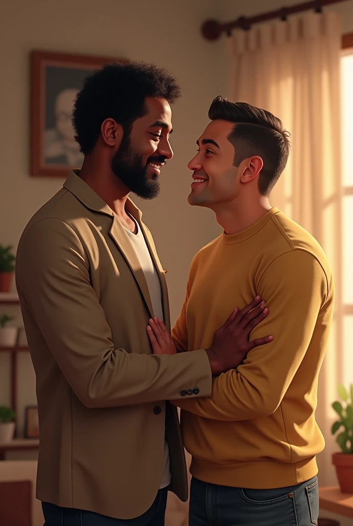 (photorealism:1.2), Pakistani guy, sitting on guy's shoulders ,pajama pants,curly hair, indoors, thick thighs,soft lighting, plants in background, window with sunlight, cozy room, relaxed pose, realistic, intricate details, warm colors, by Greg Rutkowski, by Alphonse Mucha