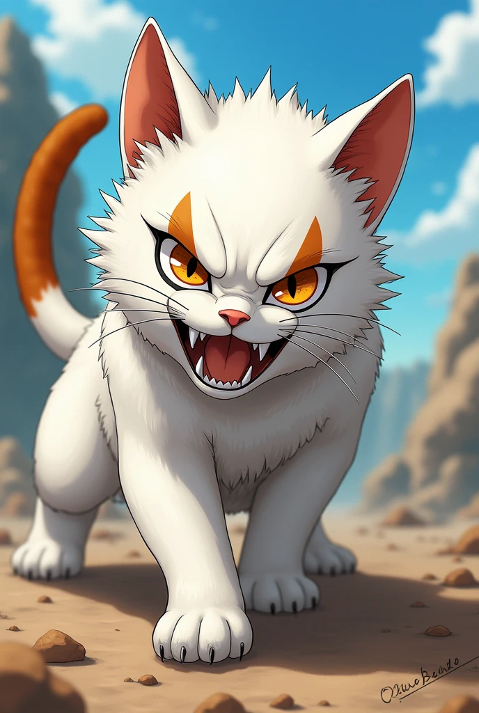 Make a white cat with brown eyes with brown ears and brown fuzzy tail only on the tip anime style one piece, small brown rottweiler style eyebrows, Expression angry and attacking