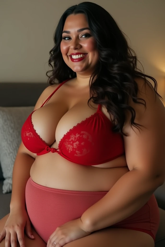 Little fat, topless, sexy, milf, 35 years old woman, with red lingerie