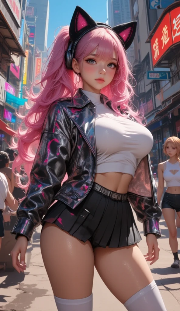 The chest cover part is very small, (huge plump chest) (wet clothes, close to the body) (chest visible through the clothes) (pink (transparent) open-chest shirt) (pink (transparent) open-chest shirt) 17-year-old female student, (full chest), (pink (transparent) open-chest shirt), (visible chest through clothes) (fleshy), can expose the chest, white miniskirt, panties can be seen, background is street, traffic, perfect figure, delicate facial features, pink curly hair, transparent suspenders, open legs, Feminine sexy pose, full body portrait, perfect hands